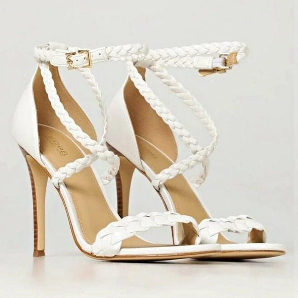 Michael Kors Women's Astrid White Leather Braided Heel Sandal Size 8.5 MSRP $145 - Picture 1 of 11
